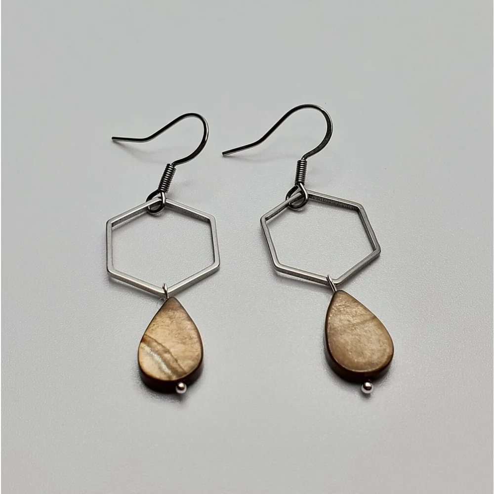 Modern Hexagon Earrings Brown Teardrop Shell Anti-Tarnish Stainless Steel Hooks